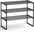 SONGMICS 3-Tier Shoe Rack - Stackable Metal Organizer for 8-12 Pairs | Black, 11.8 x 26.8 x 21.7 Inches