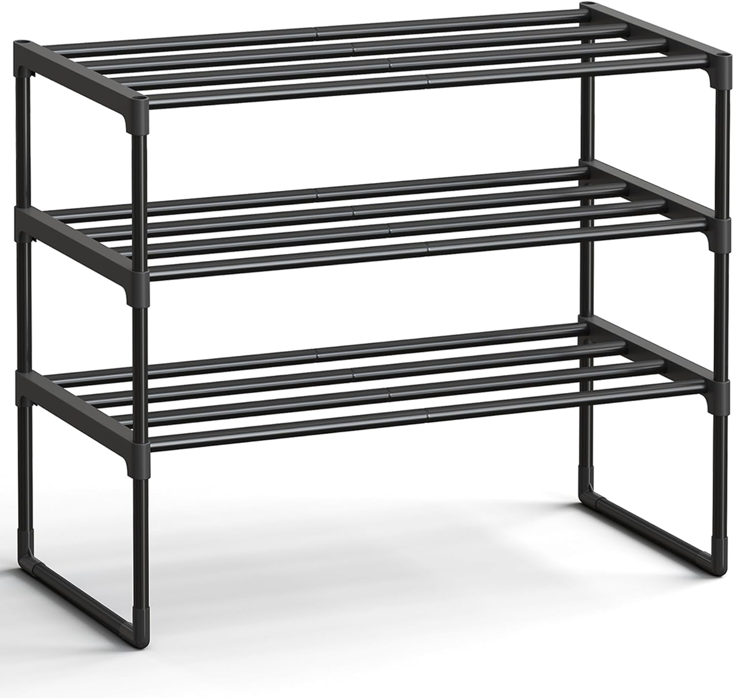 SONGMICS 3-Tier Shoe Rack - Stackable Metal Organizer for 8-12 Pairs | Black, 11.8 x 26.8 x 21.7 Inches