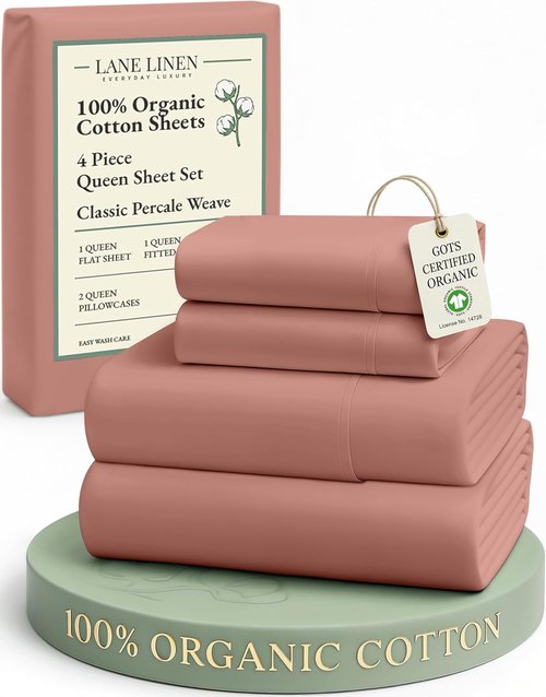 **LANE LINEN 100% Organic Cotton Queen Sheets - Eco-Friendly, Mercerized, Fully Elasticized Bedding Set in Rose Dawn**
