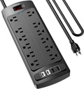 Teiobar Surge Protector Power Strip - 6 Ft Extension Cord with 12 AC Outlets & 4 USB Ports | Black, 1875W/15A