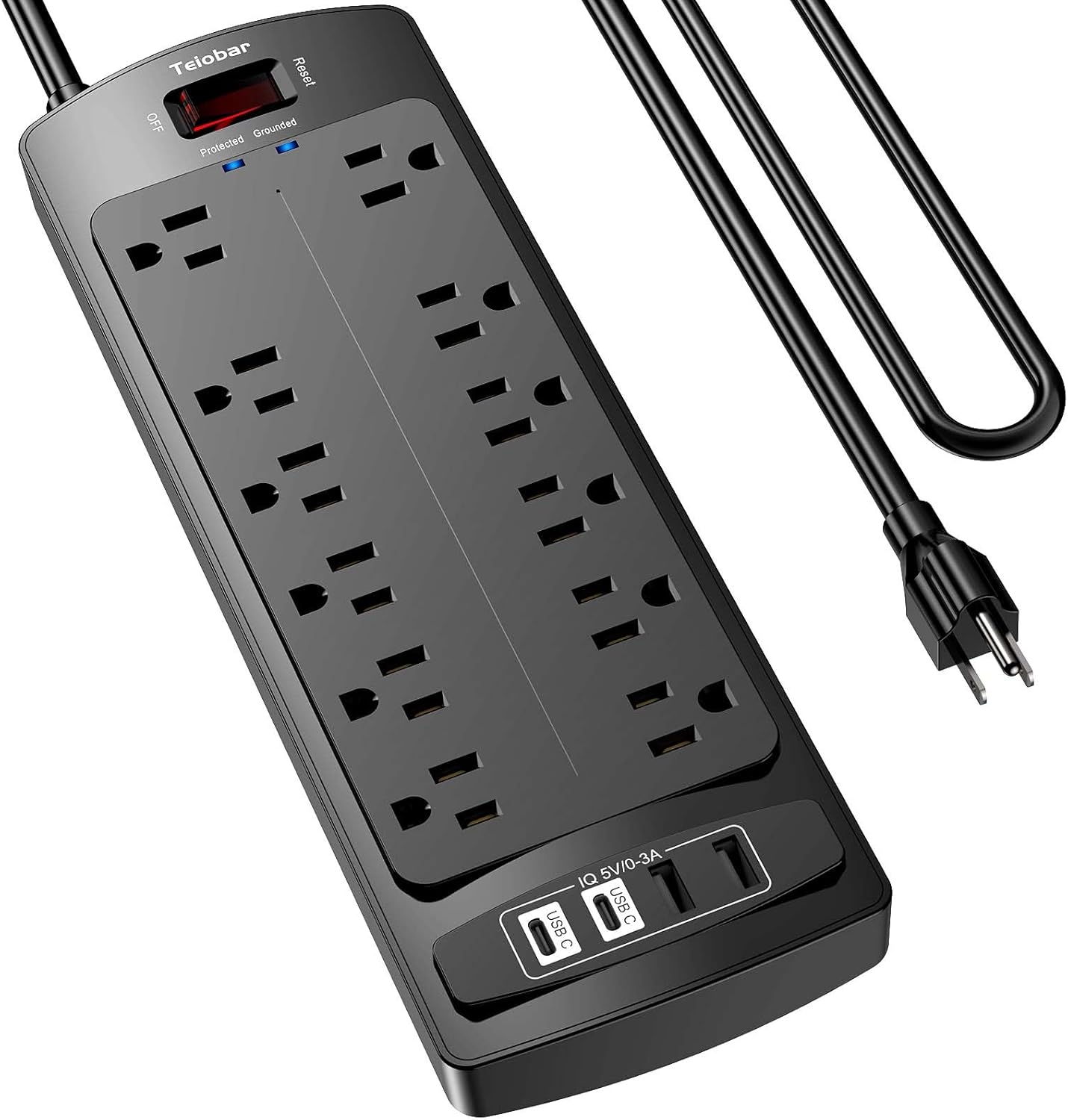 Teiobar Surge Protector Power Strip - 6 Ft Extension Cord with 12 AC Outlets & 4 USB Ports | Black, 1875W/15A