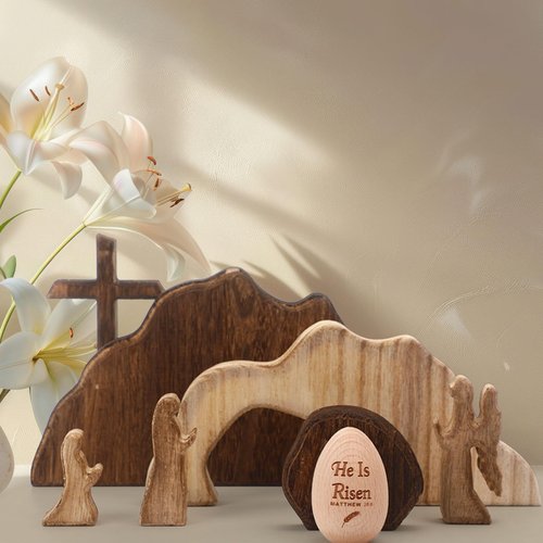 BrightRow Empty Tomb Easter Scene and Christian Cross Decorations Wooden He is Risen Easter Egg Jesus Resurrection Scene Tomb Tabletop for Religious Christian Home Office Indoor Decor