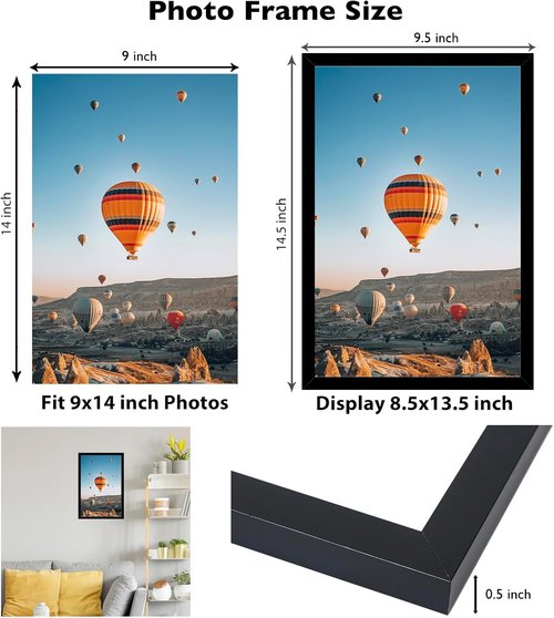 JCJMY 9x14 Picture Frame - Black Wall Mount for Horizontal or Vertical Display | Shatter-Resistant Plexiglass