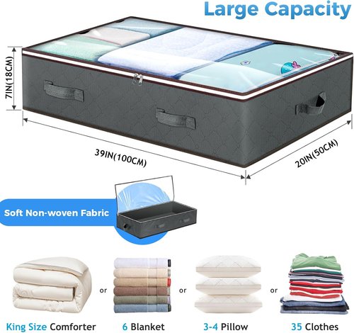 Budding Joy 90L Under Bed Storage Containers - Foldable Closet Organizers for Linen, Blankets, Clothing & More | Grey