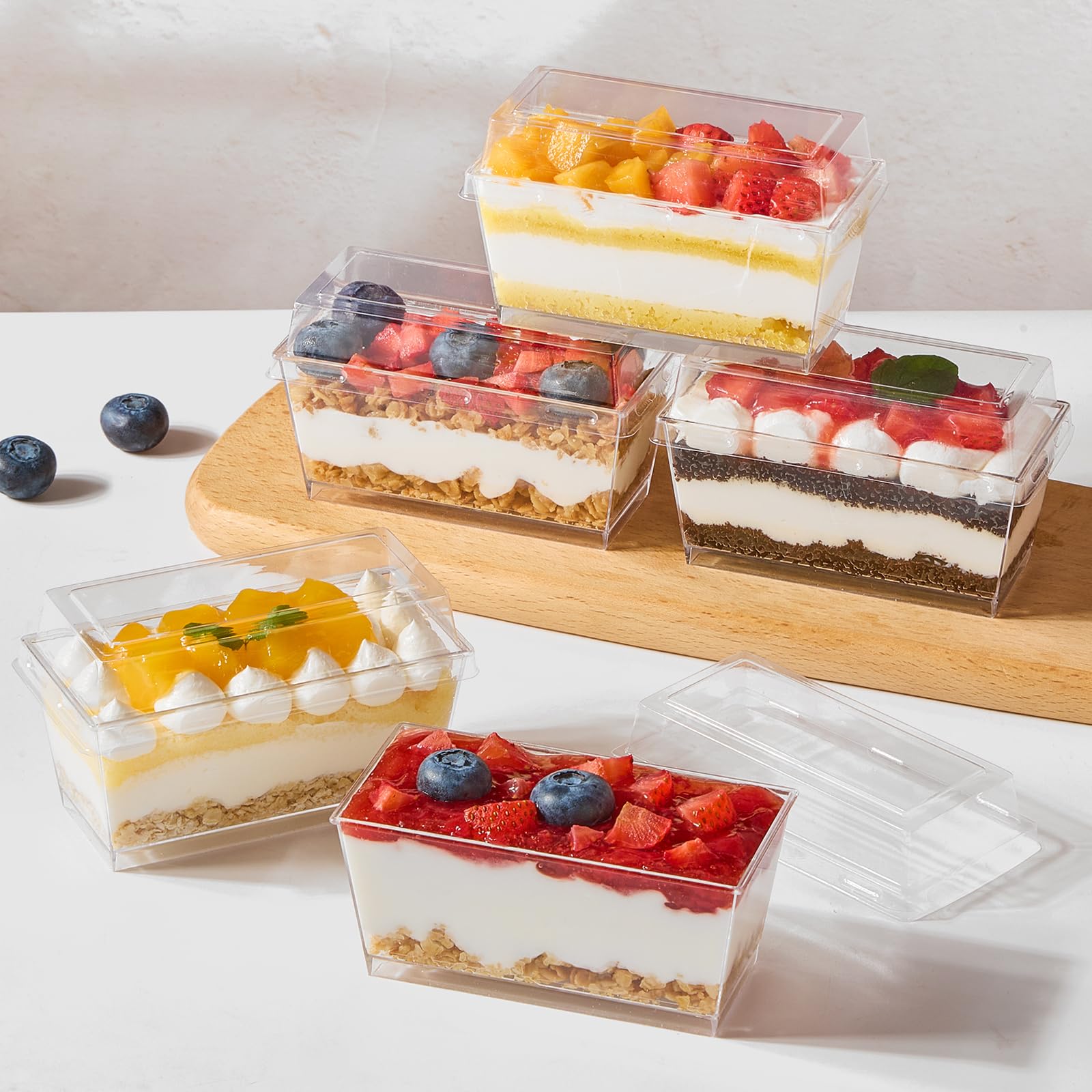 TOFLEN 50 Pack 5 oz Dessert Cups with Lids and Spoons, Mini Clear Plastic Parfait Cups, Rectangle Party Serving Bowls for Parfait, Appetizers, Mousse, Pudding