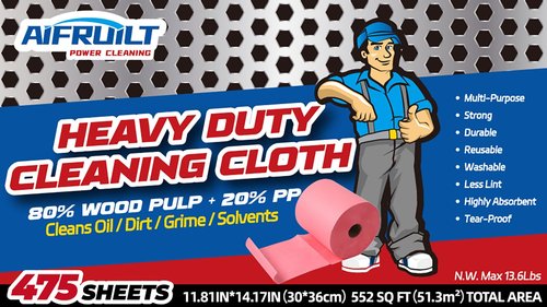Power Cleaning Multi-task Shop Towels Remove Dirt Oil Grime Heavy Duty Workshop Rags Reusable Cleaning Cloth For Rough Surface-475 Sheets-Red-Jumbo Roll