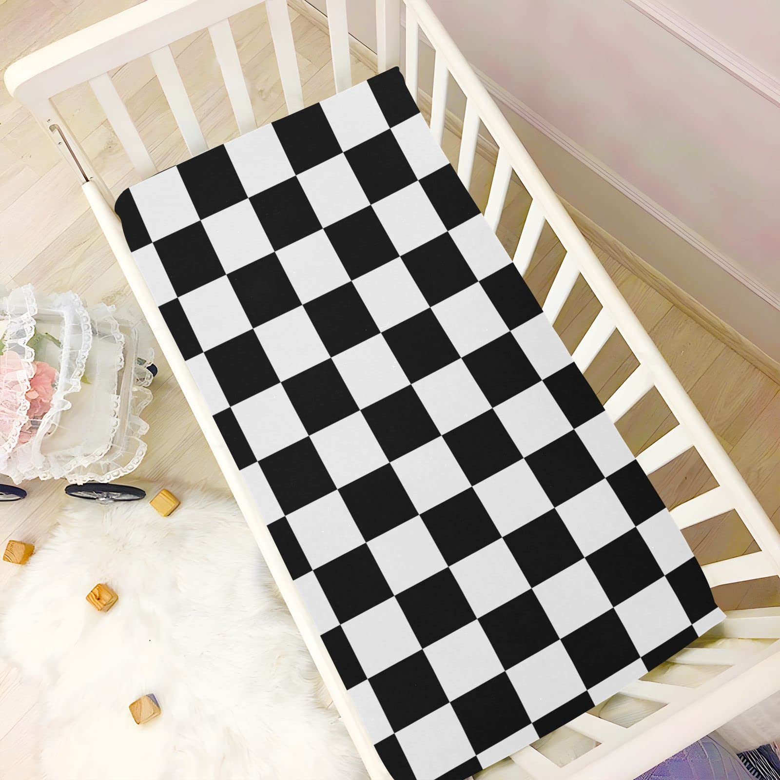 Checkerboard Plaid Crib Sheets for Boys Girls Pack and Play Sheets Breathable Mini Crib Sheets Fitted Crib Sheet for Standard Crib and Toddler Mattresses Baby Crib Sheets for Boys Girls, 52x28IN