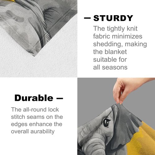 cromcu Elephant Blanket for Girls Boys Kids, Flannel Cute Minimalist Blankets Gifts, Animal and Yellow Background Soft Warm Cozy Throws for Sofa Couch Bed Living Room Bedroom Home Decor 60" x 50"