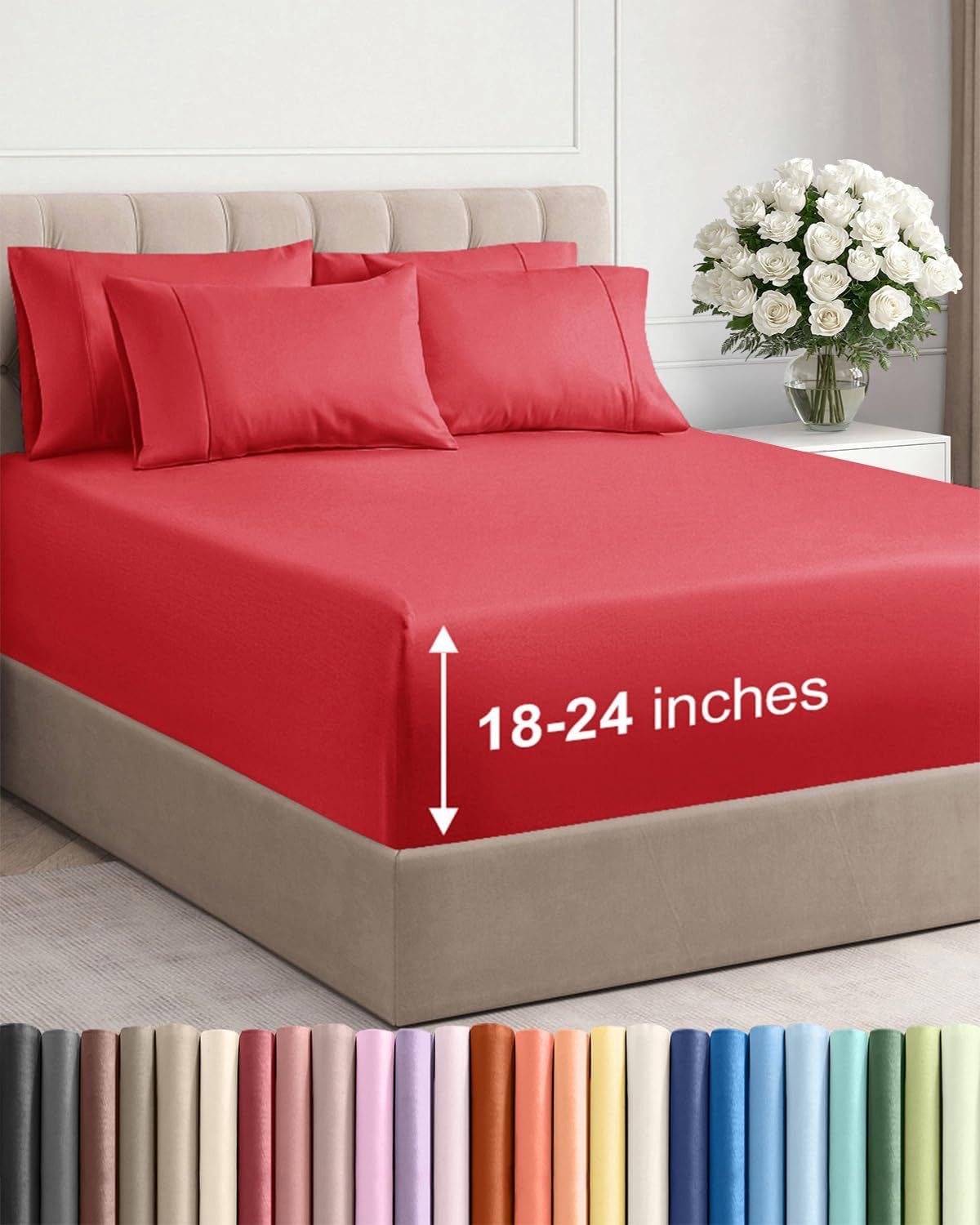 Skiennix Extra Deep Queen Sheet Set - 6 Piece Breathable Cooling Bedding - Luxury Red Sheets for All Ages