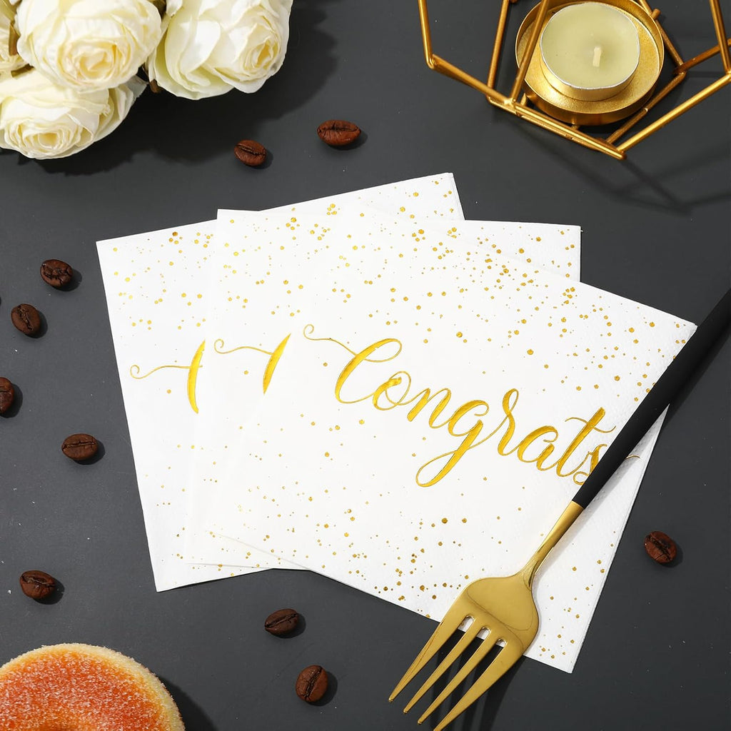 Whaline Cocktail Napkins - 80 Pcs White Gold Foil Congrats Design | Perfect for Graduation & Celebrations