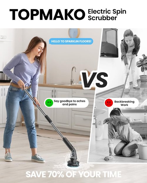 Topmako Electric Spin Scrubber, Upgraded IPX7 Cordless Cleaning Brush for Bathroom Shower, Household Cleaning Scrubber with 7 Brush Heads, Adjustable Long Handle and 2 Rotating Speeds for Tub Floor