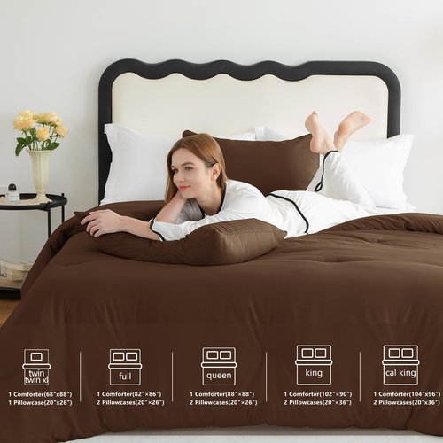 CozyLux Queen Comforter Set Brown, 3 Pieces Solid Breathable Quilted Style Bedding Sets, Luxury Fluffy Soft Bed Set with Down Alternative Comforter for All Season (1 Comforter & 2 Pillowcases)
