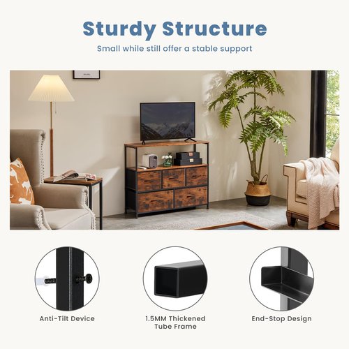 DUMOS TV Stand Dresser with 5 Fabric Storage Drawers, Media Console Featuring Open Shelf for 45 inch TV, Compact Entertainment Unit for Bedroom, Living Space, or Dorm Organization, Rust