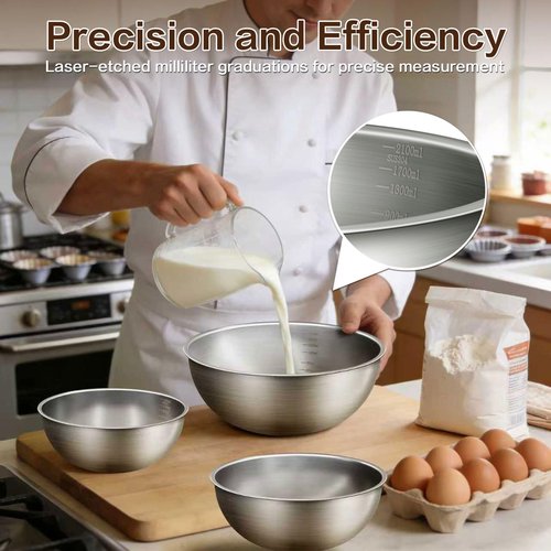 Gronivex 3-Piece Stainless Steel Mixing Bowls Set with Laser-Etched Measurement Marks, 2.4, 3.2 & 4.9 Qt, Food Grade 304, Dishwasher Safe & Stackable for Baking, Salad Tossing, Meal Prep