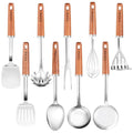 9PCS 18/8 Stainless Steel Kitchen Utensils, Stainless Steel Cooking Utensils with Wooden Handle, Metal Cooking Utensils Set, Spatula, Ladle, Skimmer, Spaghetti Spoon, Potato Masher, Easy To Clean