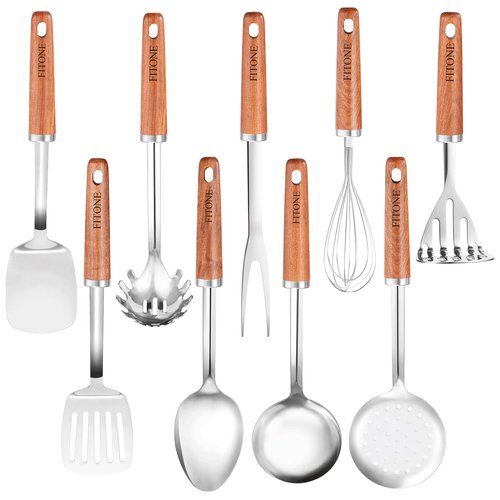 9PCS 18/8 Stainless Steel Kitchen Utensils, Stainless Steel Cooking Utensils with Wooden Handle, Metal Cooking Utensils Set, Spatula, Ladle, Skimmer, Spaghetti Spoon, Potato Masher, Easy To Clean