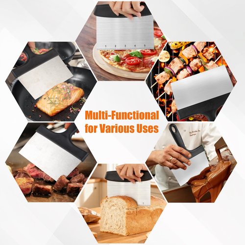 HANWRAPS Grill Scraper&Bench Scraper Set，Food Scraper with Handle for Blackstone, Flat Top Grill Cleaning，Premium Stainless Steel Dough Cutter with Measuring Scale for Pastry,Cake,Pizza,Bread,Cooking