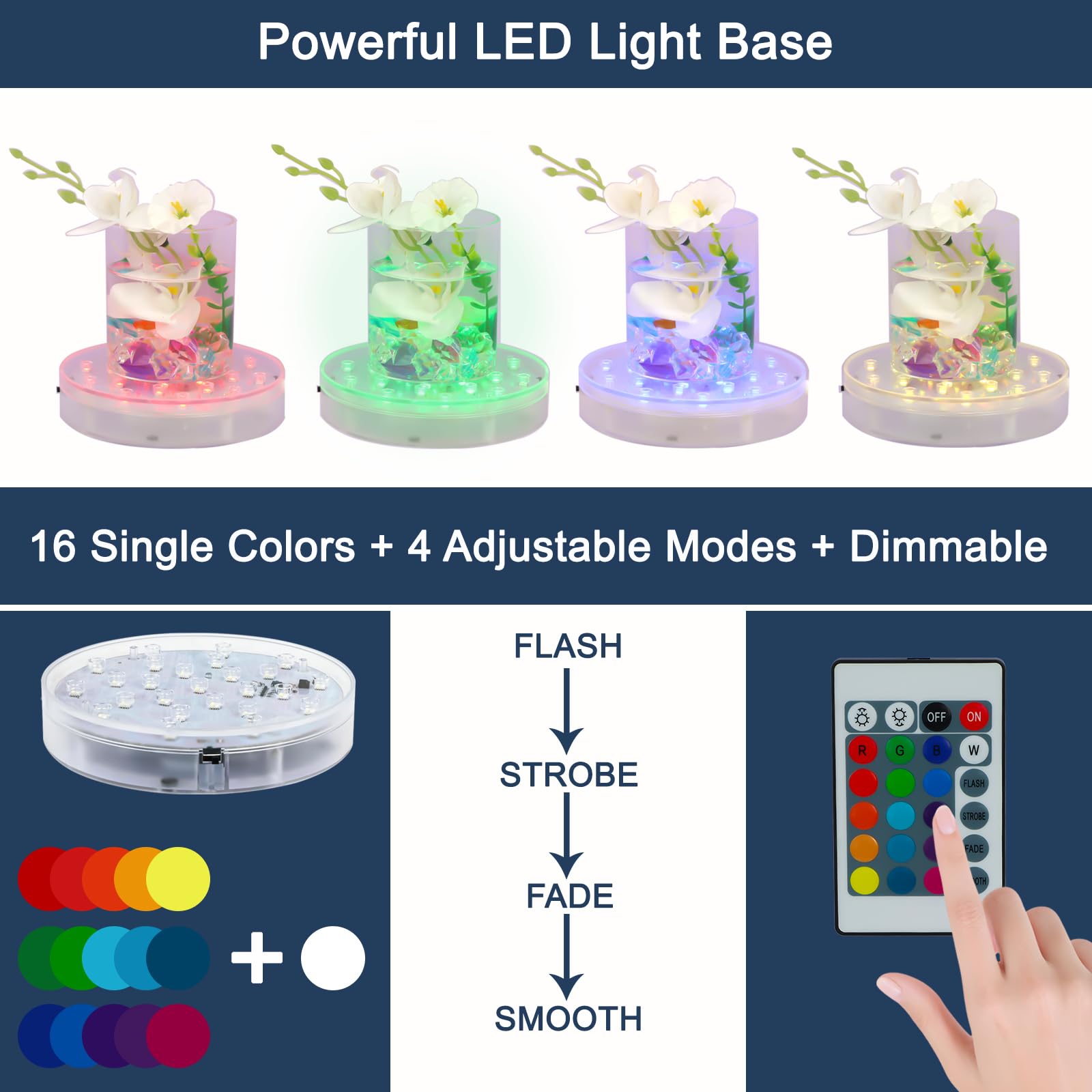 LARDUX Pack of 4 LED Lights Base with Remote - 6-inch Round Lights Display Stand for Effiel Tower Vase Crystal Glass Art LED Pedestal Base - Charging USB or Battery Powered
