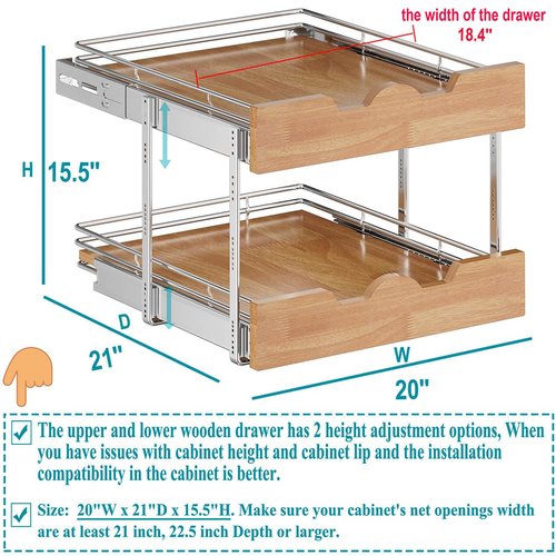 OCG Pull Out Cabinet Organizer 20" W x 21" D, 2 Tier Slide Out Shelf, Heavy-Duty Pull Out Drawer for Cabinets, Base Cabinet Organization for Kitchen, Pantry, Bathroom