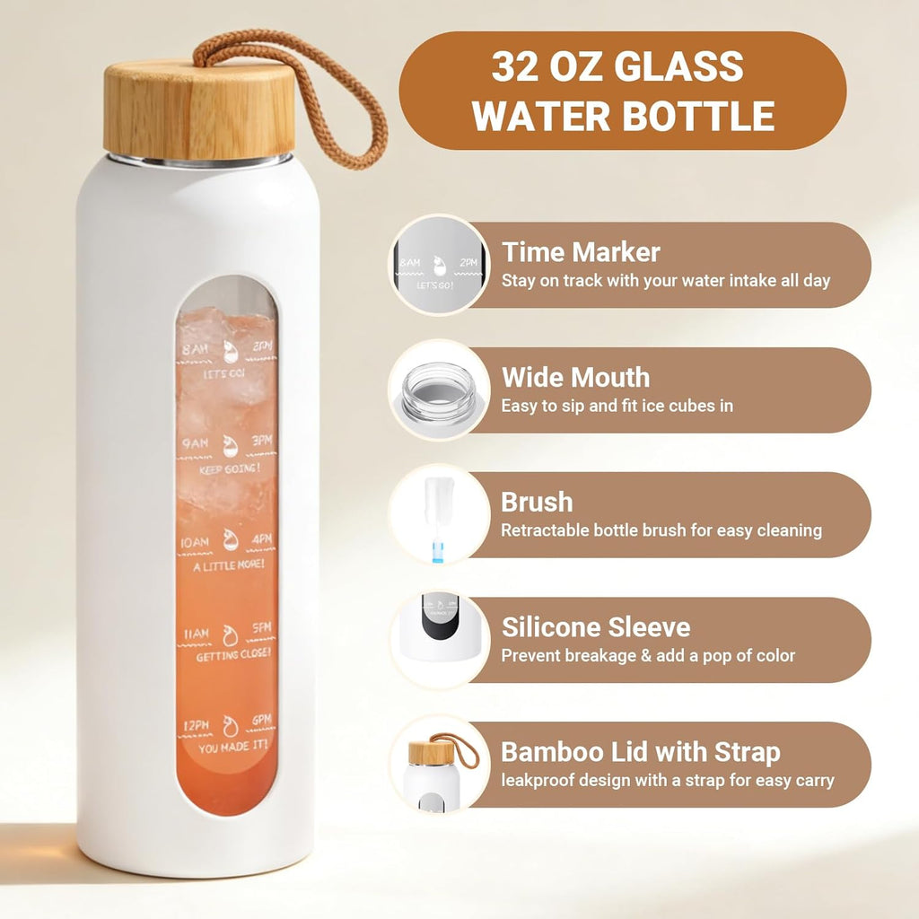 Sursip 32 oz Glass Water Bottle - BPA-Free, Motivational Time Marker, Leak-Proof Design, Eco-Friendly Bamboo Lid