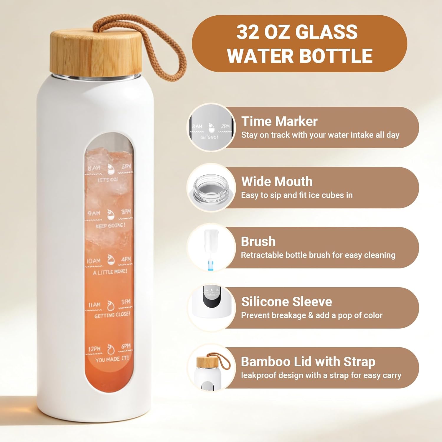 Sursip 32 oz Glass Water Bottle - BPA-Free, Motivational Time Marker, Leak-Proof Design, Eco-Friendly Bamboo Lid