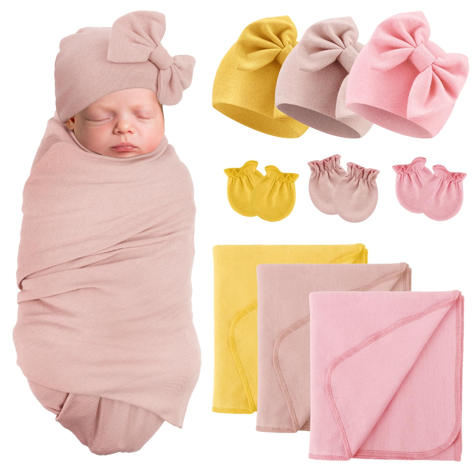 AQOKKA Newborn Receiving Blanket with Bow Hat Mittens Set Nursery Swaddle Wrap Toddler Swaddles for Newborn Baby Boy Girl
