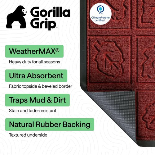 GORILLA GRIP Waterproof All-Season WeatherMAX Doormat - 35x23 Natural Rubber, Stain & Fade Resistant, Easy Clean, Burgundy Leaves