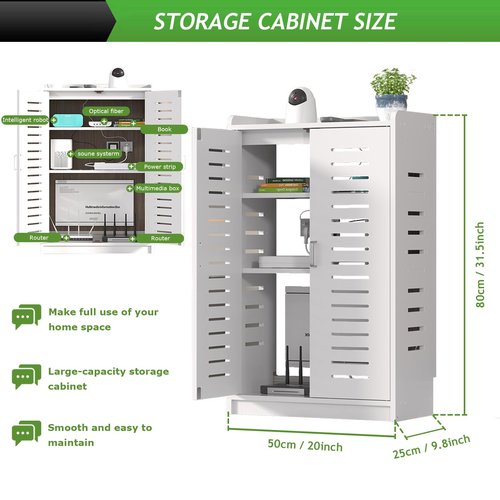 Large WiFi Router Cabinet 20''x31''x10'' Floor Standing Modem Organizer with Cable Management, White Electronics Enclosure for Power Strips & Network