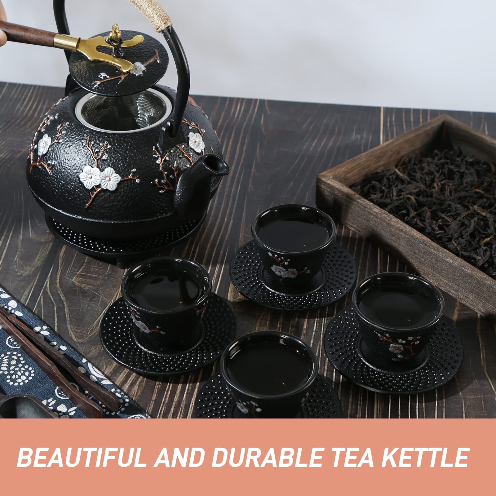 SECHUDO Tea Set Tea Kettle Japanese Style Beautiful Black Cast Iron Teapot Set with 4 Cups,4 Cup Mats,1 Trivet and 1 Lid Holder,40.6oz Teapot with Infuser for Stove Top Safe
