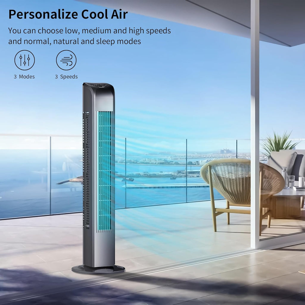 Uthfy Bladeless Tower Fan - 120° Oscillating, Remote Control, 3 Modes, 30 Inch, Black