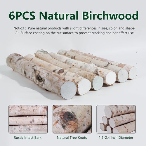 6 Pack Birch Logs Decorative Natural Birch Log for Decoration,Crafts,DIY,White Birch Logs for Fireplace Decor Firewood(Logs:1.4"-2.6" Dia. x 16.5" Length)