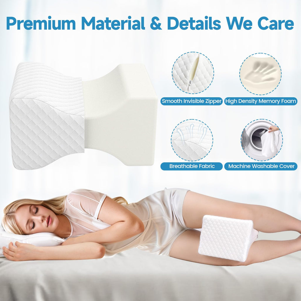 SweetSlubr Memory Foam Knee Pillow for Side Sleepers, Support Leg Pillow for Side Sleeping, Smooth Spine Alignment Pillow, Cushion for Hip, Back, Sciatica, Knee, Joints Pain Relief, White