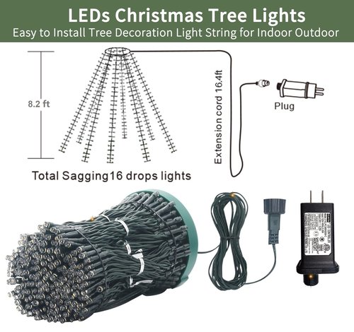 VIL Christmas Tree Lights with Ring,8.2Ft 16 Line 448 LED Green Wire Fairy Waterfall String Light Plug in,Dimmable Cascading Lights with 8 Lighting Modes for Indoor Outdoor Xmas Tree(Warm White)
