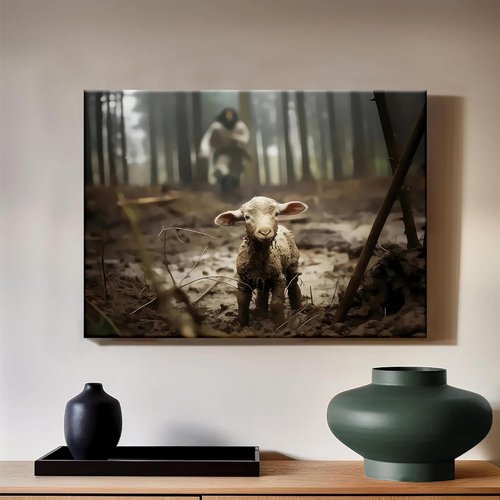 Framed Jesus Christ Wall Art - Canvas Painting of Jesus and Lamb | Biblical Decor for Church, Prayer Room, 12" x 16"