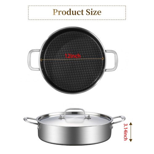 DELARLO Tri-Ply Stainless Steel Braiser Pan with Lid 5 Quart Nonstick Induction Rondeau Cooking Pot 12inch Deep Frying Pan Large Saute Pan Heavy Duty,Dishwasher and Oven Safe to 550℉