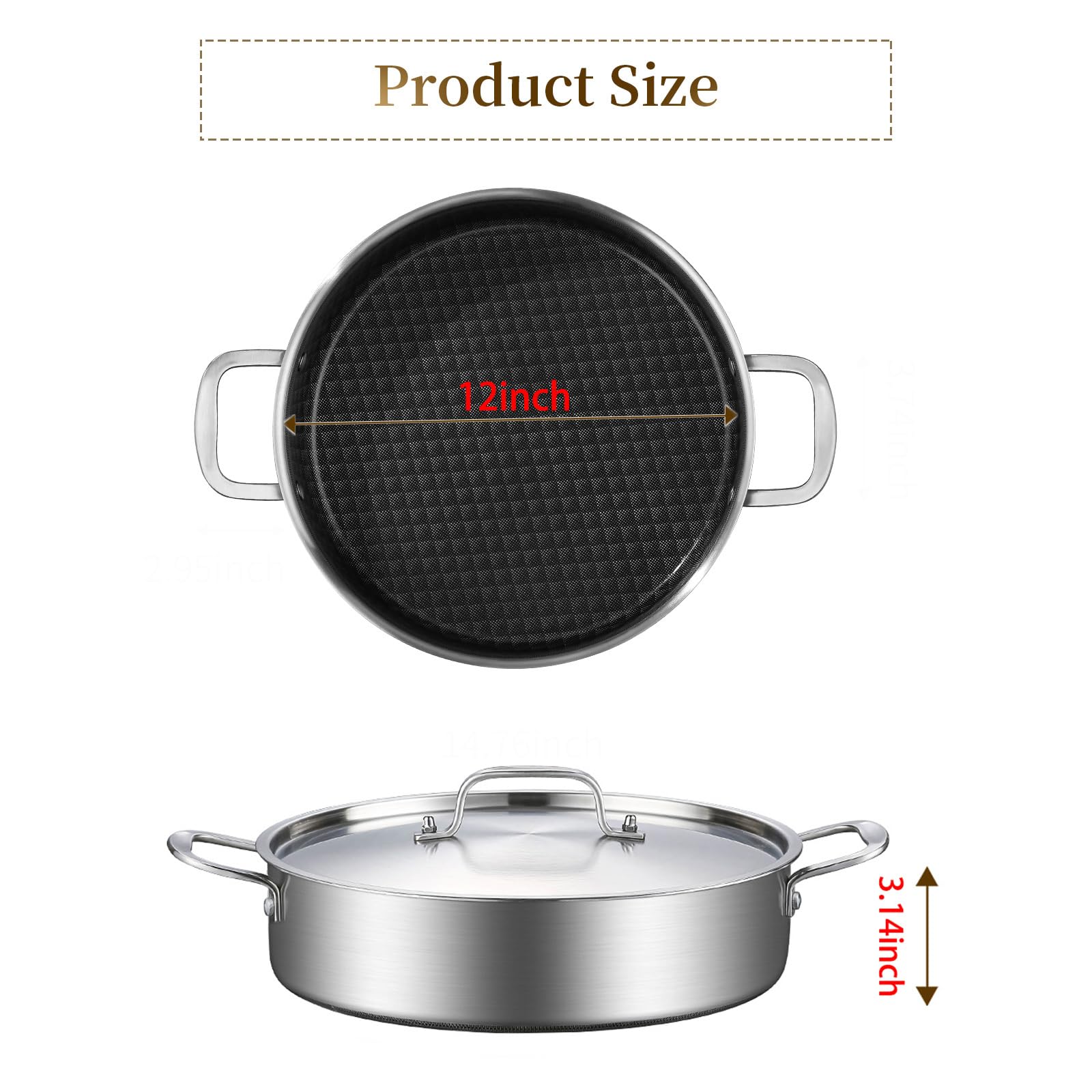 DELARLO Tri-Ply Stainless Steel Braiser Pan with Lid 5 Quart Nonstick Induction Cooking Rondeau Pot 12 Inch Deep Frying Pan Large Saute Pan Heavy Duty, Dishwasher and Oven Safe to 550℉