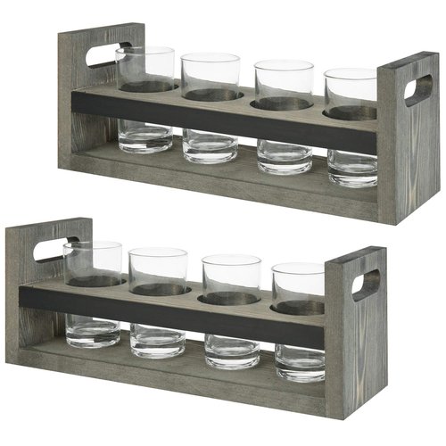 MyGift Vintage Gray Wood Beer Flight Sampler Serving Tray Caddies with Chalkboard Panels & 4 Tasting Glasses, Set of 2