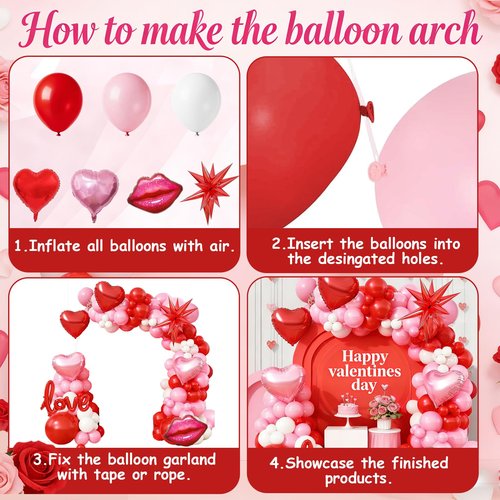 Pink Balloons Garland Kit, Red Pink White Balloons Arch Kit with Red Heart Love Lips Foil Balloons Explosion Star Balloons for Anniversary Galentines Wedding Romantic Decorations