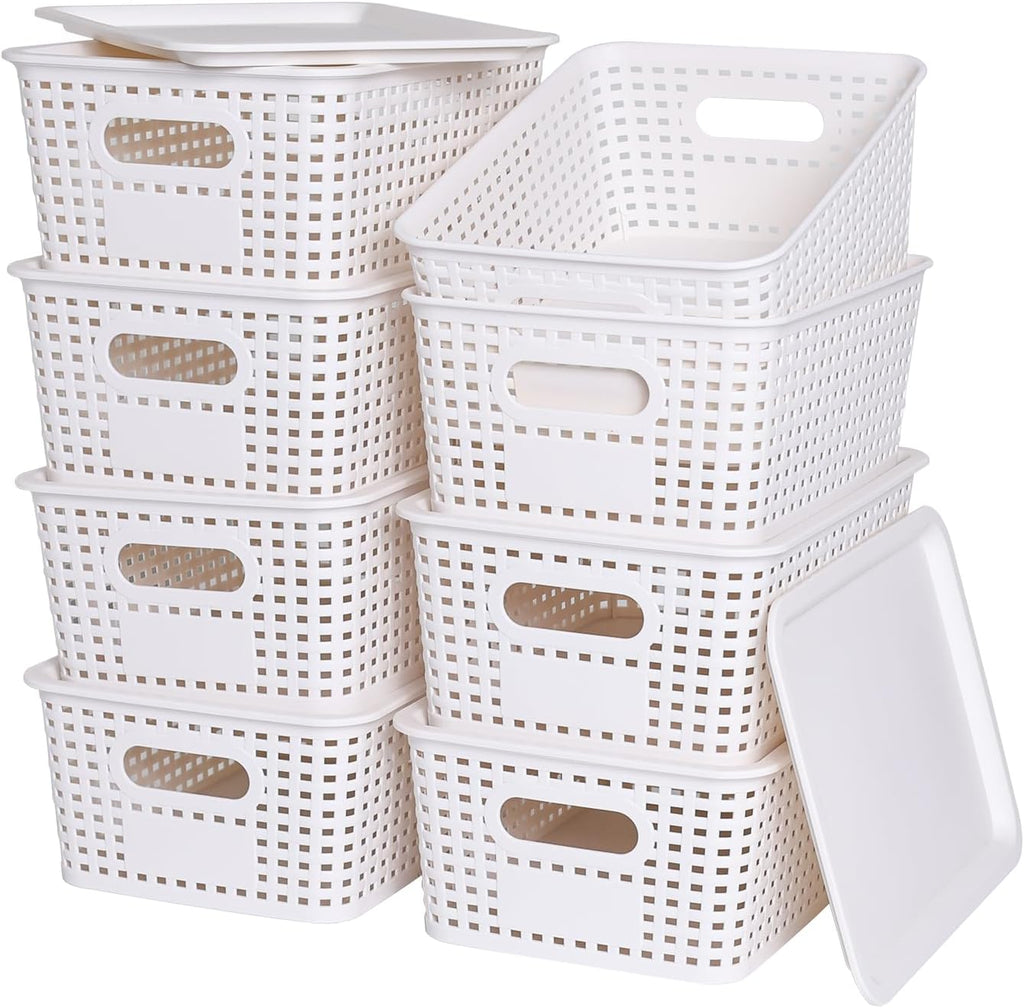 Skiennix Plastic Storage Baskets - Stackable Organizing Containers with Lids | 8 Pack - White, 10.2x7.2x4.1 Inch