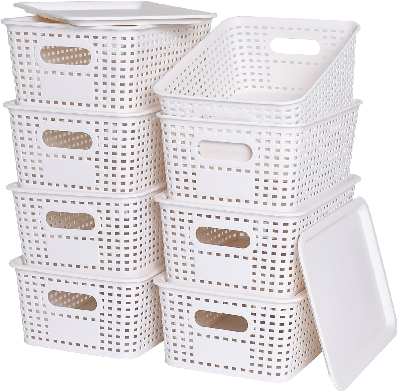 Skiennix Plastic Storage Baskets - Stackable Organizing Containers with Lids | 8 Pack - White, 10.2x7.2x4.1 Inch