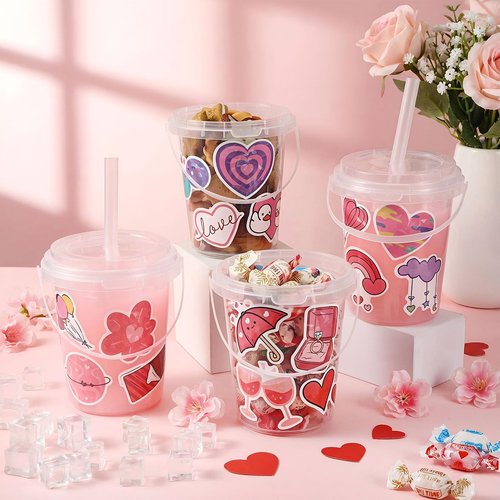 Funnymoom 12 Sets 34 oz Valentine's Day Plastic Drink Buckets with Lid and Straws with Valentines Day Stickers Clear Drink Cup Disposable Cocktail Rum Buckets Reusable for Party Favors Prize