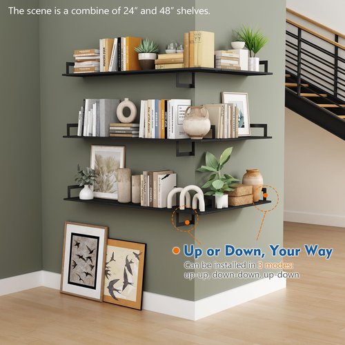 Harwaya 24 Inch Floating Shelves for Wall Set of 3, Wall Mounted Bookshelf, 8 Inches Deep Hanging Book Shelves for Living Room Bedroom Office Decor Closet Storage (Black)