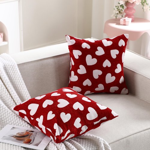 Frienda Valentine's Day Chenille Pillow Covers 18 x 18 Inch Set of 2, Valentine Red and White Hearts Pattern Decorative Throw Pillow Cases for Couch Sofa Bedroom Valentines Holiday Festival Home Decor