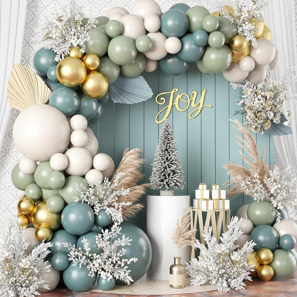 Skiennix Balloon Garland Kit - 107 PCS Dusty Sage Green & Gold Arch for Boho Birthday & Wedding Decor