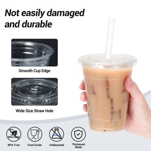 Kuerqi 100 Sets 16 Oz Plastic Cups with Lids and Straws, Iced Coffee Cups with Lids, Disposable Clear Plastic Cups with Lids for Iced Coffee, To-Go Drinks and Smoothies, Lemonade Stand Supplies
