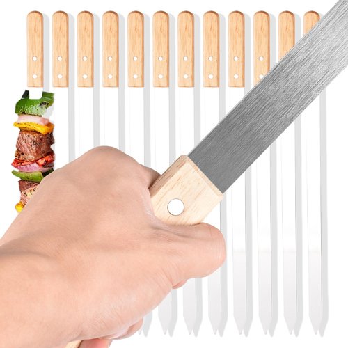 HONSHEN Flat Kabob Skewers 23.5 Inch Long,7/8 inch Wide Heavy Duty Stainless Steel Grilling BBQ Skewer with Wood Handle for Making Koubideh Persian Brazilian Chicken Shrimp ground meat kebab-Set of 12
