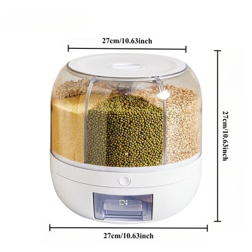 WYSYZJJ Rotating grain distributor, 6-grid large rice storage container for storing rice, beans and cat food, sealed and moisture-proof, large size.