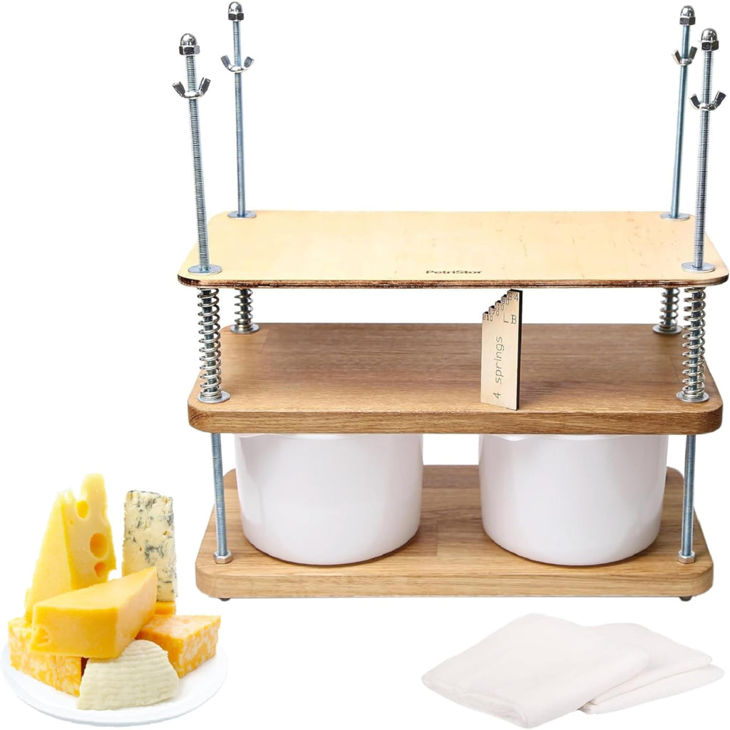 Wooden Cheese Press For Cheese Making 16 In Natural Oak 18 mm Thick - Cheese Making Kit With Wooden Cheese Press and 2 Cheese Molds 1/2 Gal, Cheesecloth, Springs and Measuring Scale Included