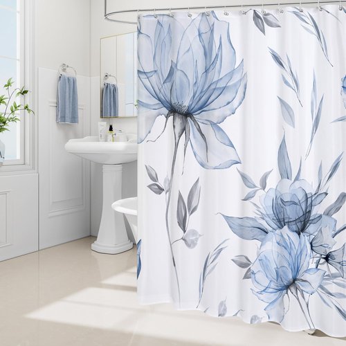 Litabel Blue and Grey Boho Watercolor Floral Shower Curtain, Ink Painting Style Blossom & Leaf Shower Curtains for Chic Elegant Bathroom, Artistic Fabric Cloth Flower Shower Curtain, 72x72