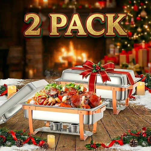 GarveeHome Chafing Dish Buffet Set, 8QT 2 Pack, Rectangle Chafing Dishes for Buffet w/Lid Holder, Stainless Steel Chafer Food Warmers Servers for Kitchen Party Banquet Dining, Rose Gold